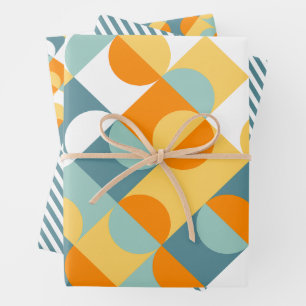 Chic Sunny Orange Teal Blue Circles Art Pattern Wrapping Paper Sheet