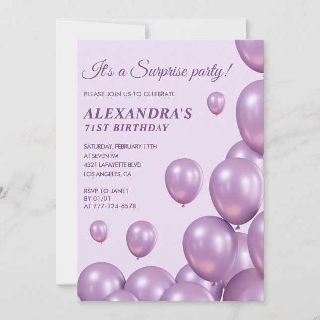 Chic Surprise Purple 71st birthday invitations  (Front)