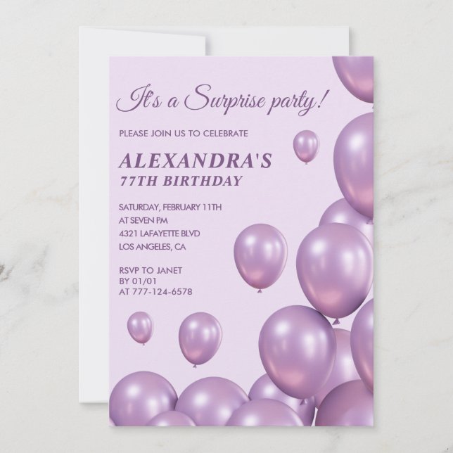 Chic Surprise Purple 77th birthday invitations  (Front)
