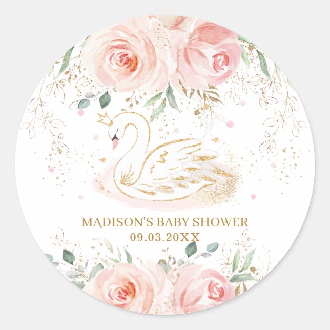 Chic Swan Blush Pink Floral Baby Shower Birthday  Classic Round Sticker (Front)