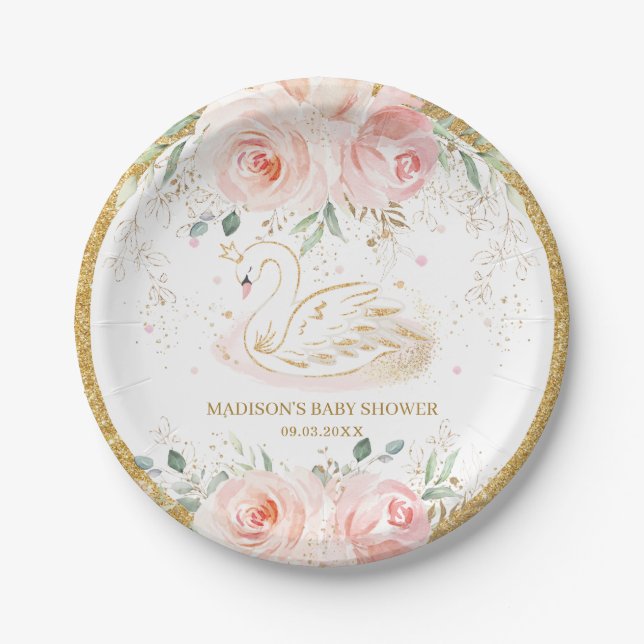 Chic Swan Blush Pink Floral Baby Shower Birthday P Paper Plate (Front)
