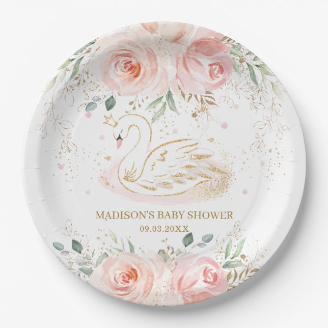 Chic Swan Blush Pink Floral Baby Shower Birthday Paper Plate (Front)