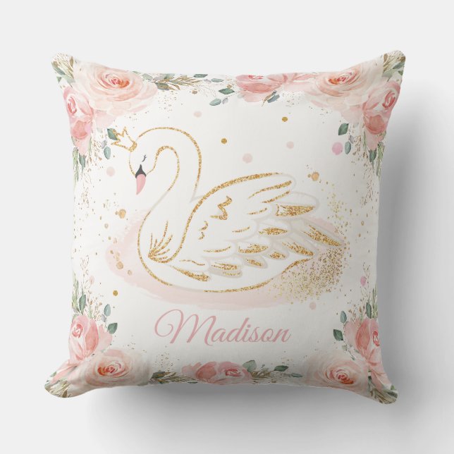 Chic Swan Princess Blush Pink Floral Nursery Cushion (Front)
