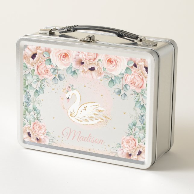 Chic Swan Princess Blush Poppy Floral Gold Metal Lunch Box (Front)
