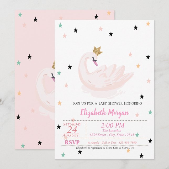 Chic Swan, Stars, Princess  Baby Shower  Invitation (Front/Back)