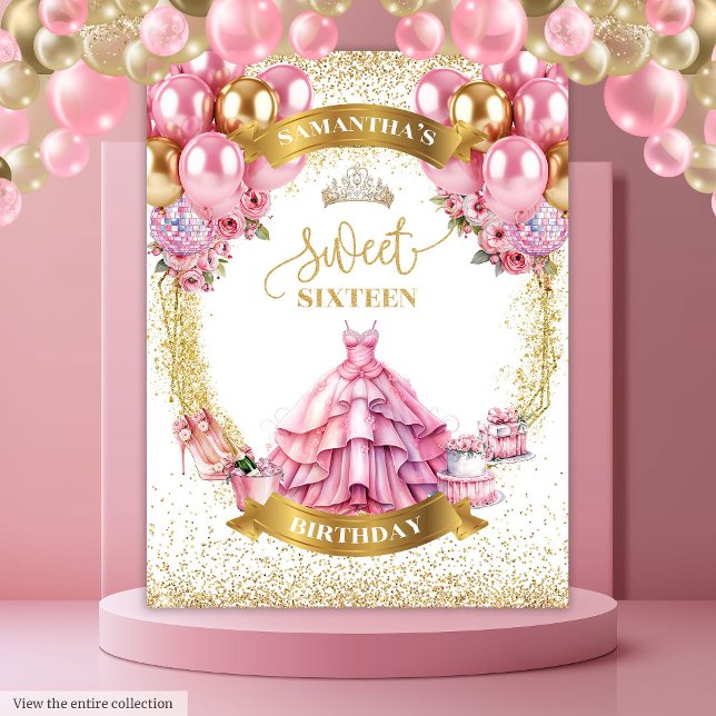 Chic Sweet 16 Banner Pink Gold Balloons Glitter Tapestry (Chic Sweet 16 Banner Pink Gold Balloons Glitter)