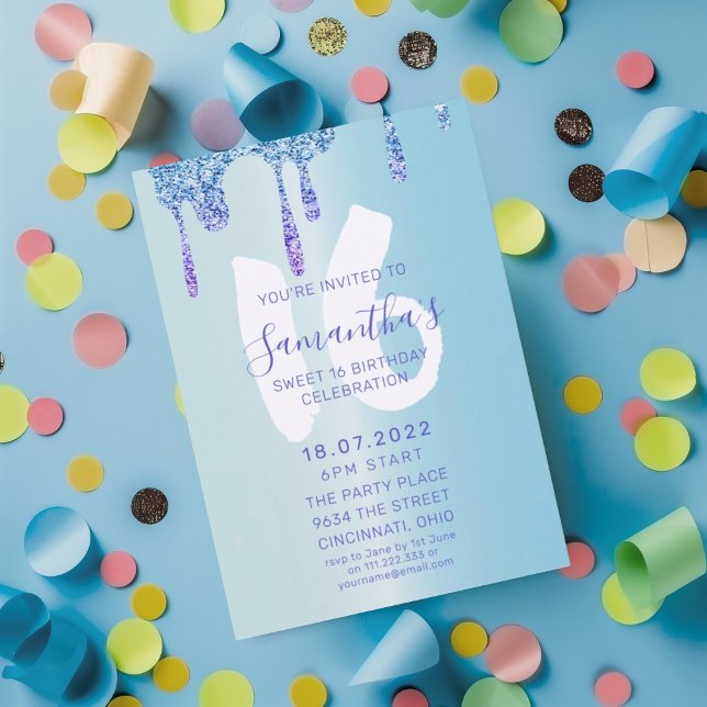 Chic Sweet 16 Blue & Glitter Drips Birthday Invitation (Creator Uploaded)