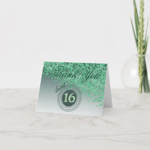 Chic Sweet 16 Green Glitter Thank You Card