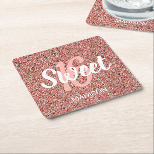 Chic Sweet 16 Rose Gold Pink Glitter Personalised Square Paper Coaster