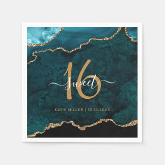 Chic Sweet 16 Teal Gold Agate Custom Name Party Napkin