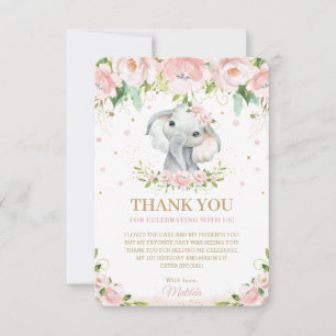 Chic Sweet Elephant Blush Pink Floral 1st Birthday Thank You Card
