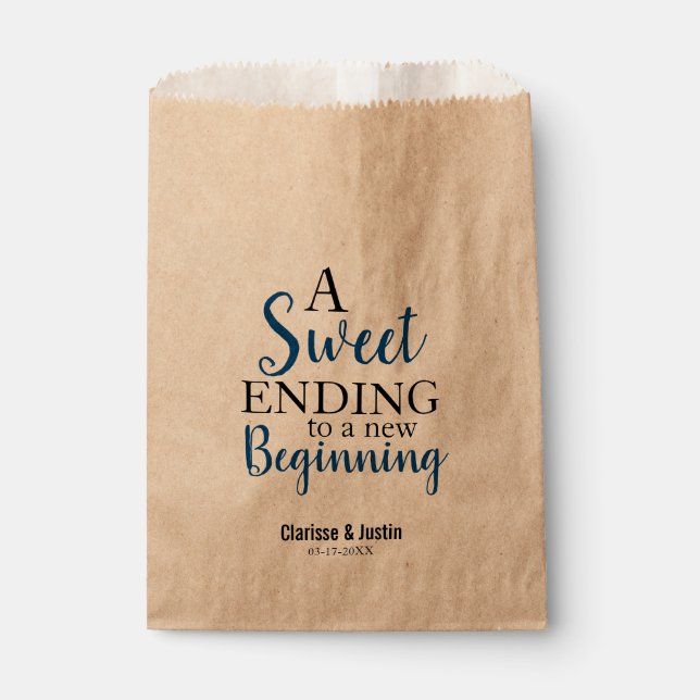 Chic Sweet Ending New Beginning Navy Blue Wedding Favour Bags (Front)
