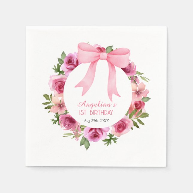 Chic Sweet Pink Bow Rose Floral Birthday Napkin (Front)