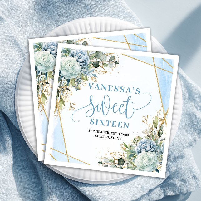Chic Sweet Sixteen Blue and Gold Floral Table  Napkin (Chic Sweet Sixteen Blue and Gold Floral Table Paper Dinner Napkins)