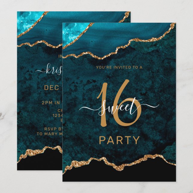 Chic Sweet Sixteen Teal Gold Agate Party Invitation (Front/Back)