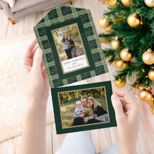 Chic Tailored Green/Gold Christmas Plaid Photo All In One Invitation