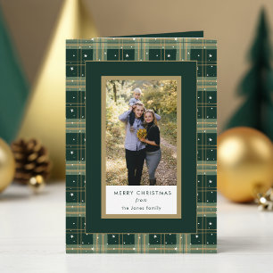 Chic Tailored Green/Gold Christmas Plaid Photo Holiday Card