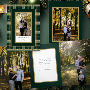 Chic Tailored Green/Gold Christmas Plaid Photo Tri-Fold Card