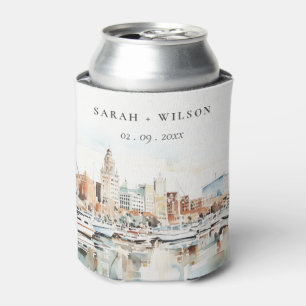 Chic Tampa Florida Skyline Watercolor Wedding Can Cooler