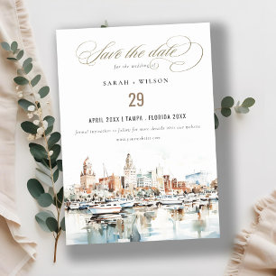 Chic Tampa Florida Skyline Watercolor Wedding Save The Date