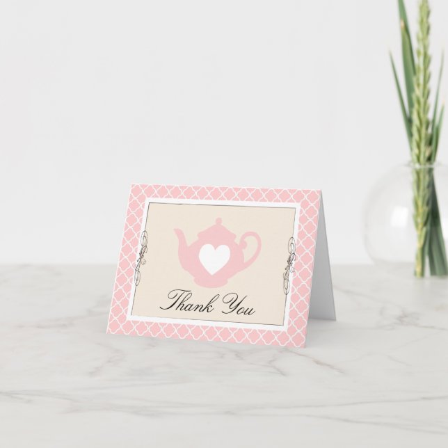 Chic Tan & Pink Teapot Trellis Thank You Card (Front)