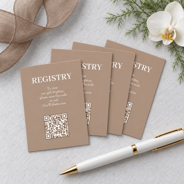 Chic Tan Wedding Registry QR Code Enclosure Card (Tan Wedding Registry  Enclosure Cards with QR Code, 3.5" x 2.5" size shown)