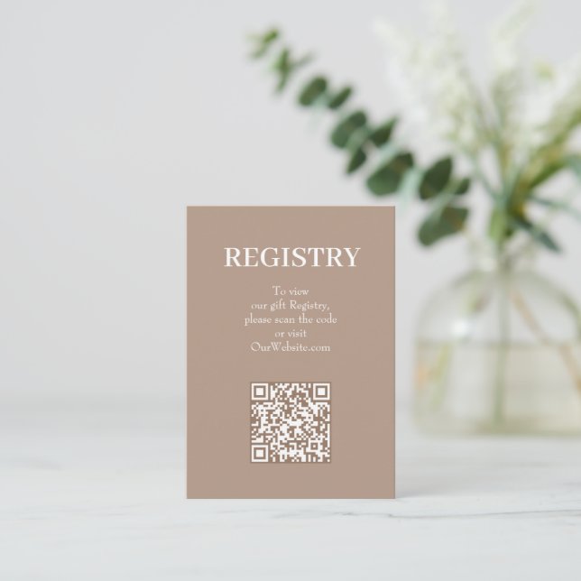 Chic Tan Wedding Registry QR Code Enclosure Card (Standing Front)