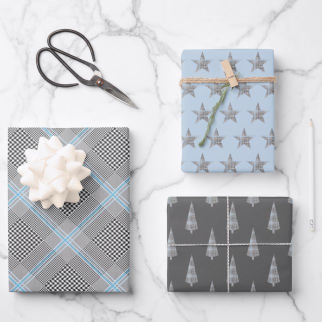 Chic Tartan Blue Grey Black Pattern Wrapping Paper Sheet (Front)
