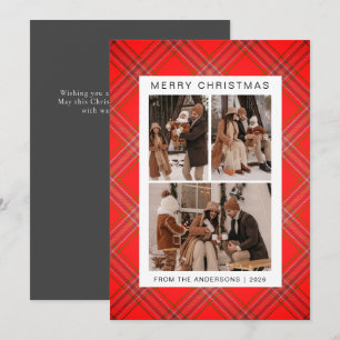 Chic Tartan Pattern 3 Photo Grid Family Christmas Holiday Card