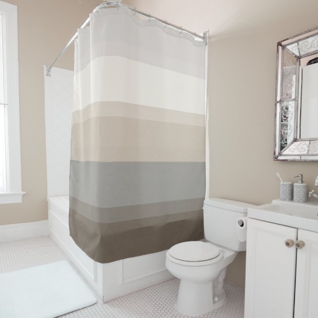 Chic Taupe, Cream and Grey striped shower curtain (In Situ)
