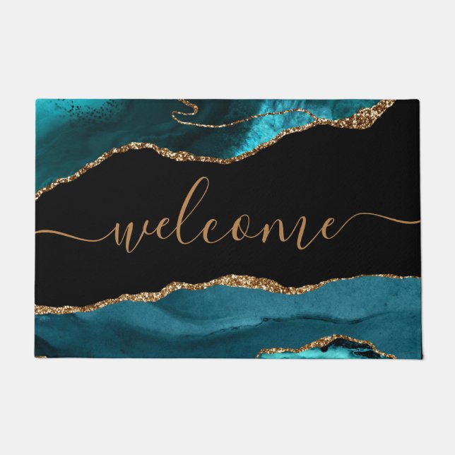 Chic Teal Agate Rose Gold Glitter Black Welcome Doormat (Front)