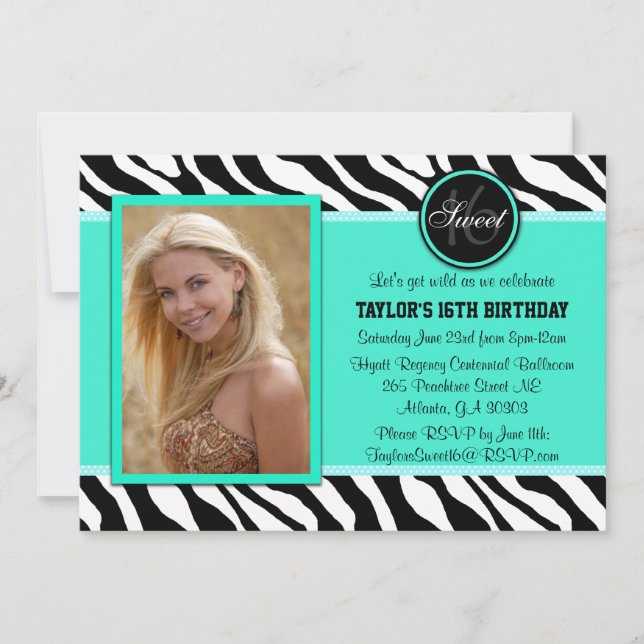Chic Teal and Black Zebra Print Photo Invite (Front)