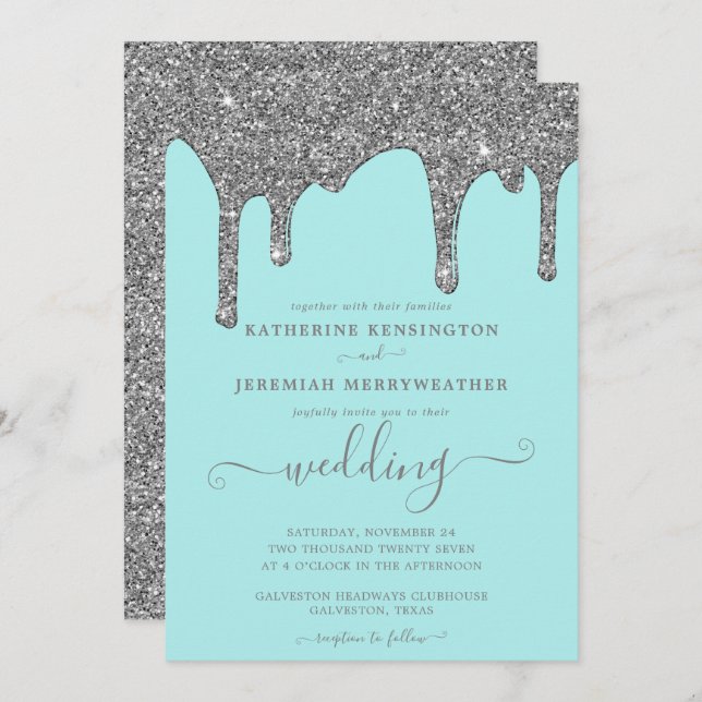 Chic Teal and Silver Glitter Drips Wedding Invitation (Front/Back)