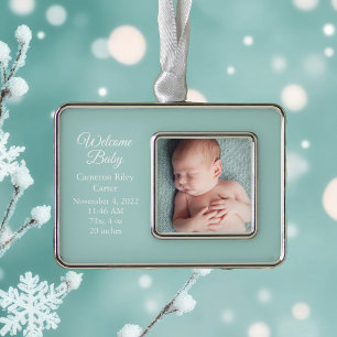 Chic Teal Baby Newborn Photo Keepsake Gift Silver Plated Framed Ornament
