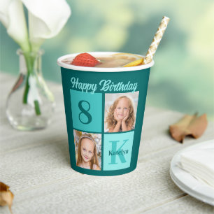 Chic Teal Birthday Party Custom Photo Collage Paper Cups