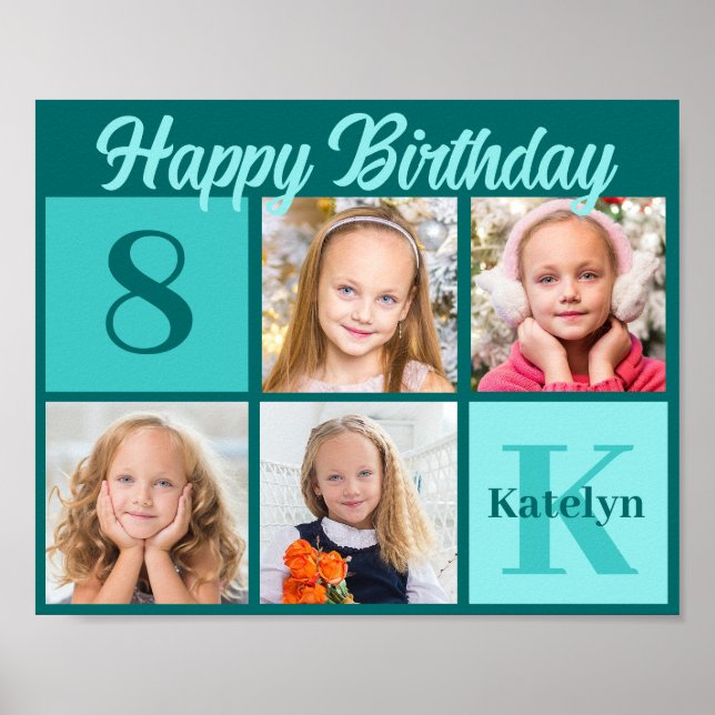 Chic Teal Birthday Party Custom Photo Collage Poster (Front)