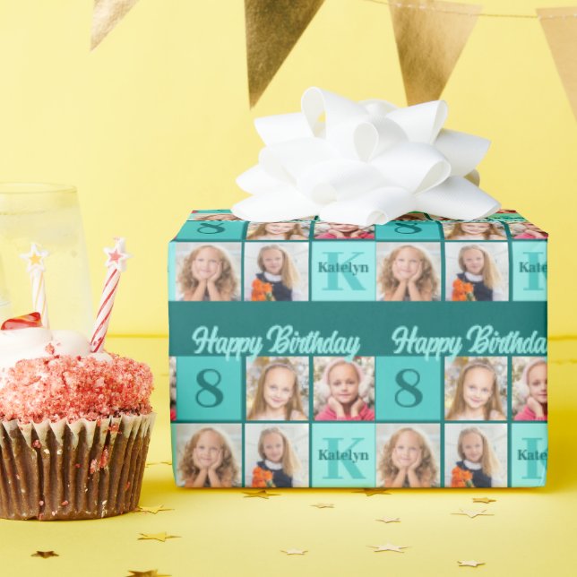 Chic Teal Birthday Party Custom Photo Collage Wrapping Paper (Birthday Party)