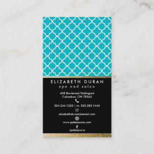 Chic Teal Black Gold Quatrefoil Pattern Custom Business Card