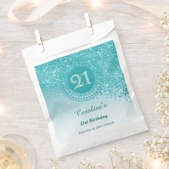 Chic Teal Blue Glitter, Dotted Frame 21st Birthday Favour Bags (Clipped)
