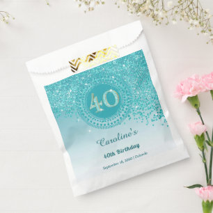 Chic Teal Blue Glitter, Dotted Frame 40th Birthday Favour Bags