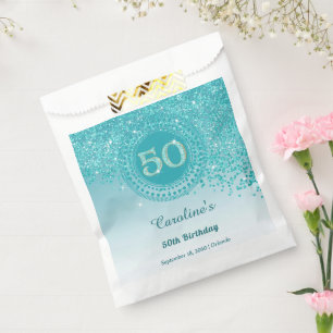 Chic Teal Blue Glitter, Dotted Frame 50th Birthday Favour Bags