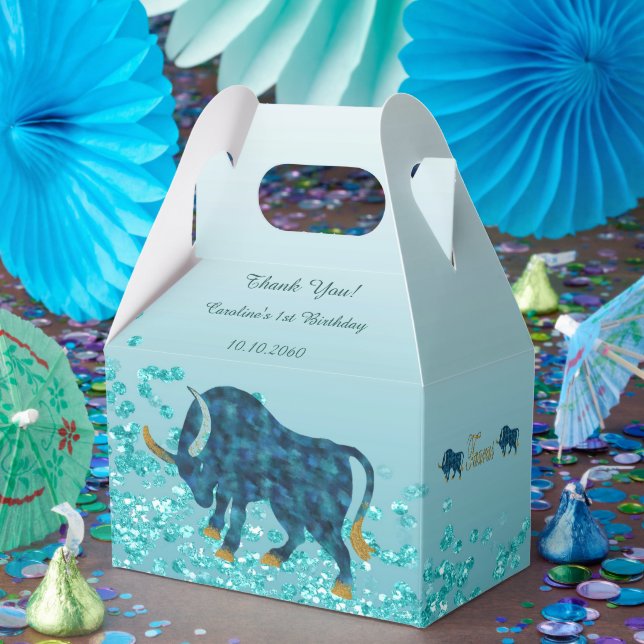 Chic Teal Blue Glitter Gold Taurus Zodiac Birthday Favour Box (Party)