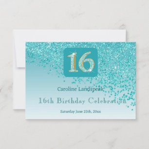 Chic Teal Blue Glitter, Sixteen Birthday RSVP Card