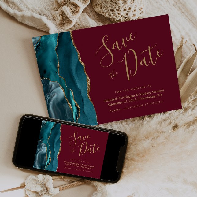 Chic Teal Blue Gold Agate Burgundy Save the Date Invitation (Creator Uploaded)