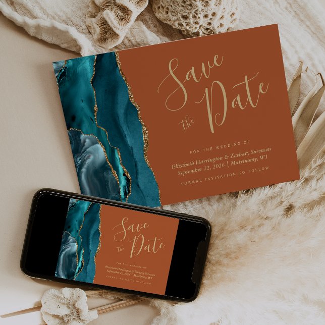 Chic Teal Blue Gold Agate Burnt Oran Save the Date Invitation (Creator Uploaded)