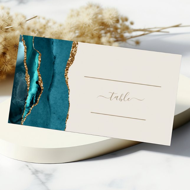 Chic Teal Blue Gold Agate Ivory Wedding Table Place Card (Creator Uploaded)