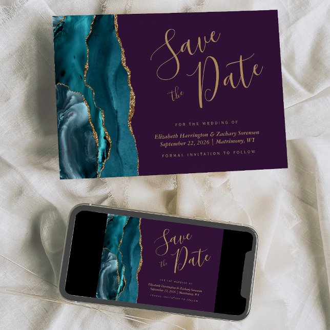Chic Teal Blue Gold Agate Purple Save the Date Invitation (Creator Uploaded)
