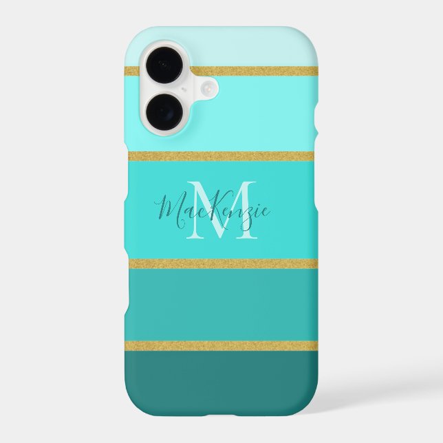 Chic Teal Blue Green Stripes Pattern With Name   (Back)