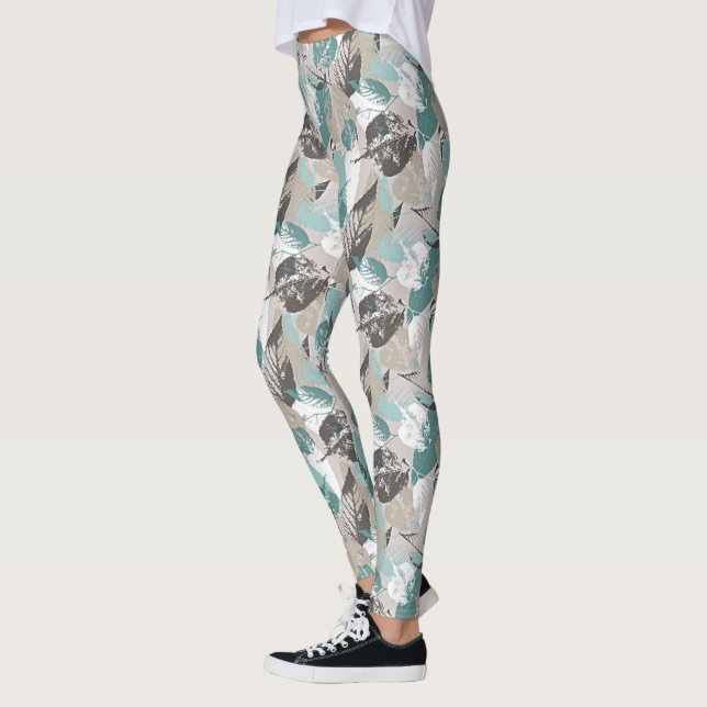 Chic Teal Blue Green Taupe Brown Leaves Pattern Leggings (Left)