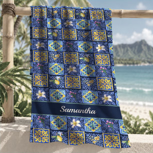 Chic Teal Blue Mediterranean Citrus Lemon Tile Beach Towel